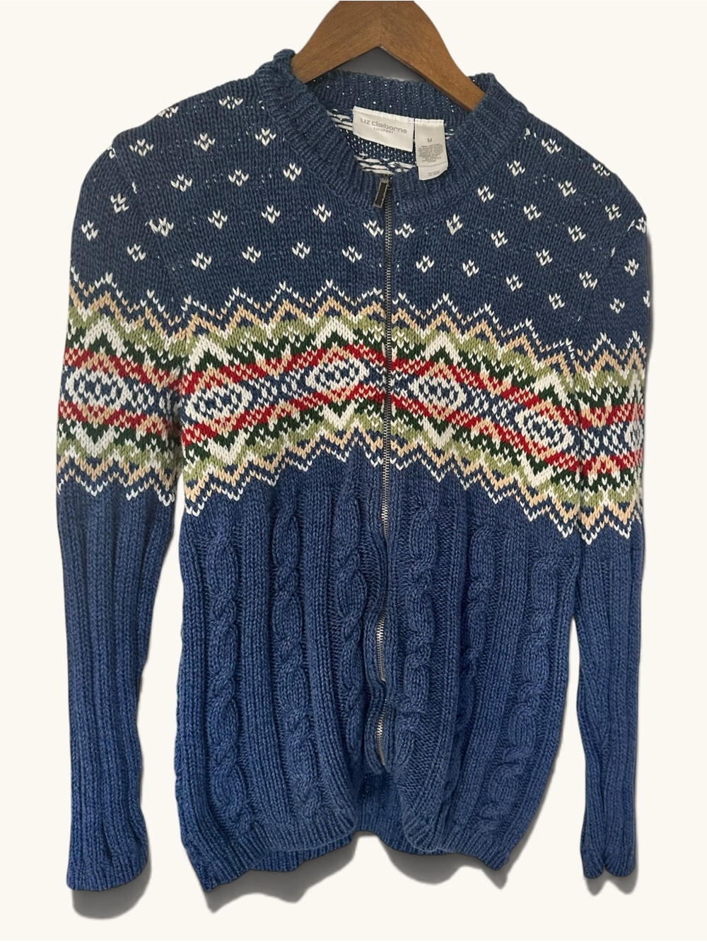 Vintage Liz Claiborne Sport Fair Isle Cable Knit Zip Cardigan Sweater Blue M